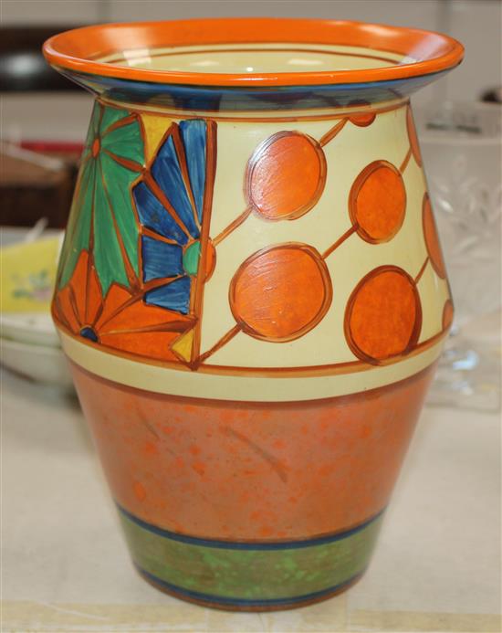 A Clarice Cliff Fantasque Umbrellas and Rain pattern vase, c.1930, 7.75in.